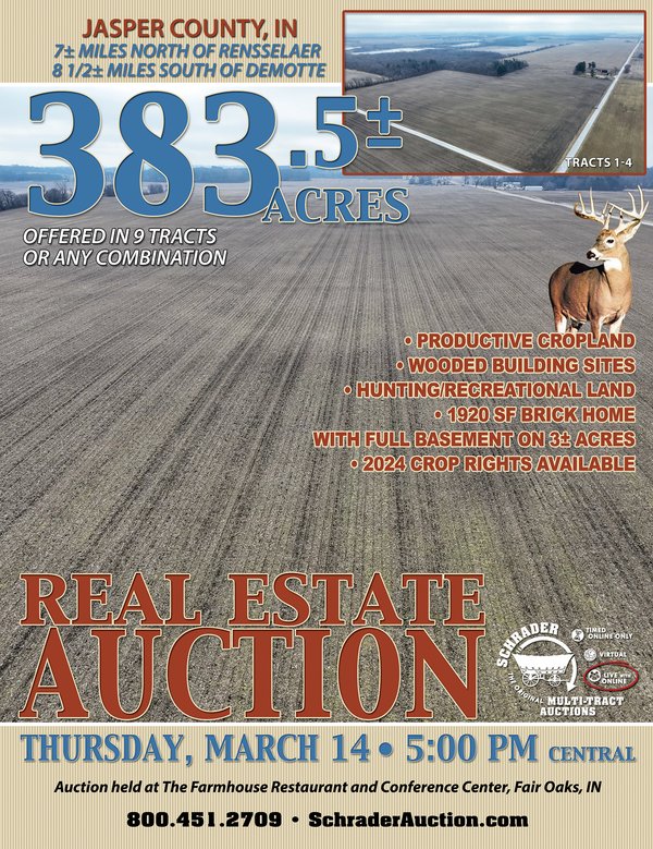 Sold: REAL ESTATE AUCTION - 383.5+/- ACRES OFFERED IN 9 TRACTS IN JASPER COUNTY, INDIANA - 3024 N 700 W, Rensselaer, IN 47978 - Jasper County, IN