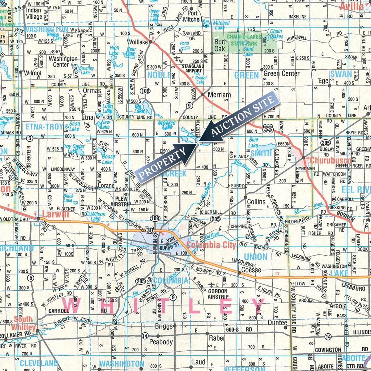 Area map - REAL ESTATE AUCTION - HOME OFFERED IN 2 TRACTS IN WHITLEY COUNTY, INDIANA