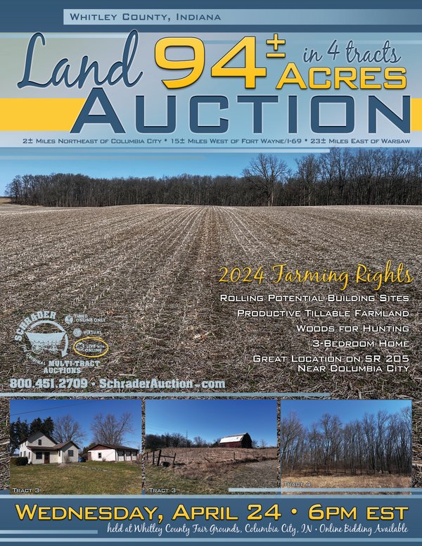 Sold: LAND AUCTION - 94+/- ACRES OFFERED IN 4 TRACTS IN WHITLEY COUNTY, INDIANA - 3025 E State Rd 205, Columbia City, IN, 46725 - Whitley County, IN