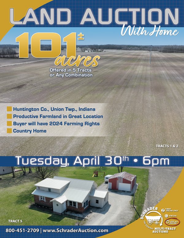 Sold: LAND AUCTION - 101+/- ACRES OFFERED IN 5 TRACTS IN HUNTINGTON COUNTY, INDIANA - Huntington, IN - Huntington County, IN