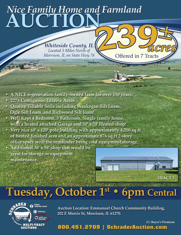 Sold: NICE FAMILY AND FARMLAND AUCTION - 239+/- ACRES OFFERED IN 7 TRACTS IN WHITESIDE COUNTY, ILLINOIS - 20608 Carroll Rd, Morrison, IL, 61270 - Whiteside County, IL