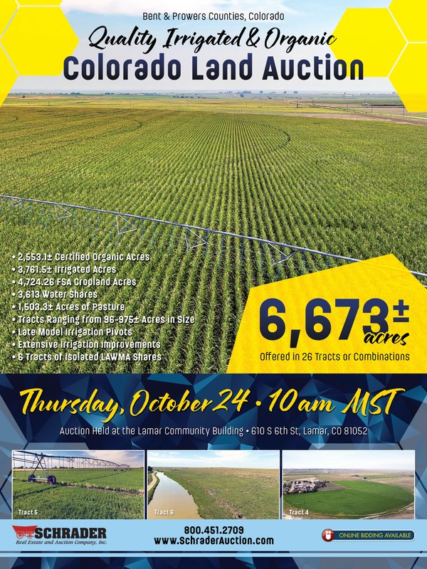 Sold: QUALITY IRRIGATED & ORGANIC COLORADO LAND AUCTION - 6,673+/- ACRES OFFERED IN 26 TRACTS OR COMBINATIONS IN BENT & PROWERS COUNTIES, COLORADO - Bent & Prowers Counties, Colorado