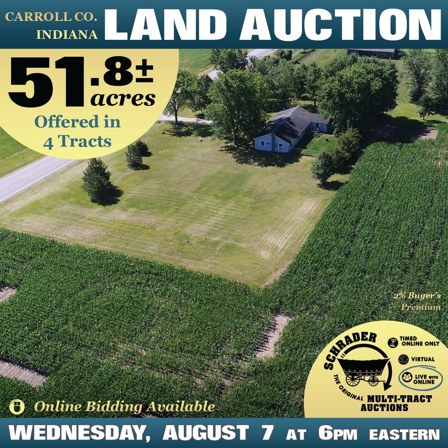 LAND AUCTION - 51.8+/- ACRES OFFERED IN 4 TRACTS IN CARROLL COUNTY, INDIANA