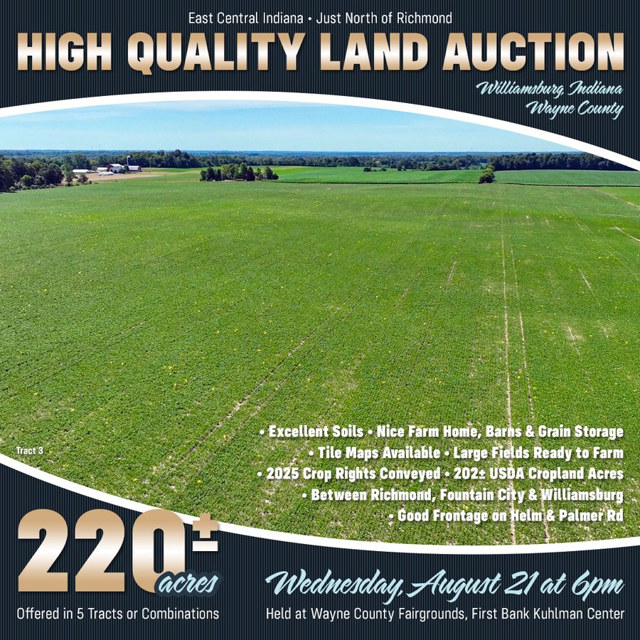 HIGH QUALITY LAND AUCTION - 220+/- ACRES OFFERED IN 5 TRACTS IN WAYNE COUNTY, INDIANA