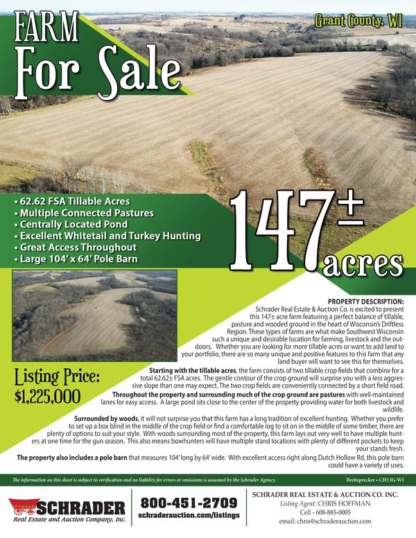 Listing brochure cover - LAND FOR SALE - 147+/- ACRES IN GRANT COUNTY, WISCONSIN