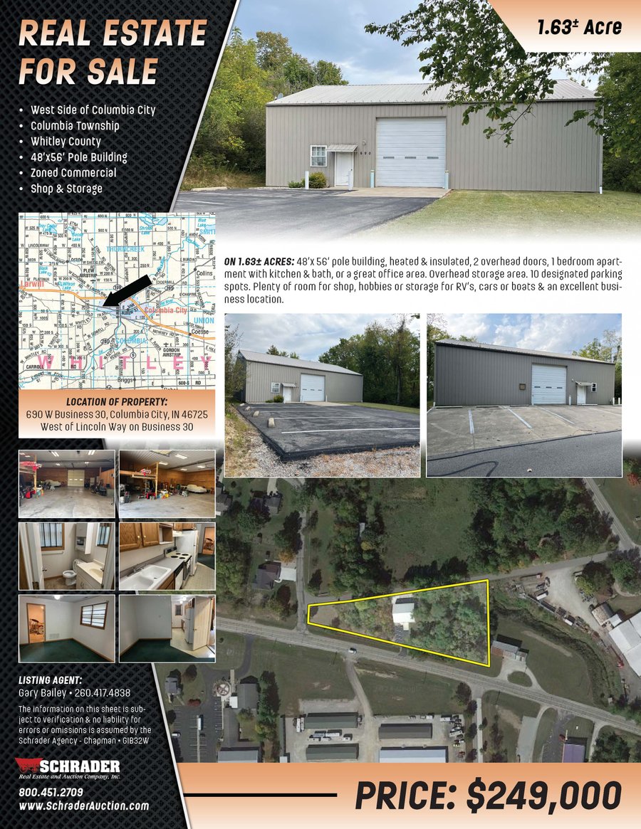 For sale: REAL ESTATE FOR SALE - 1.63+/- ACRES IN WHITLEY COUNTY IN - 690 W Business 30 Columbia City IN 46725