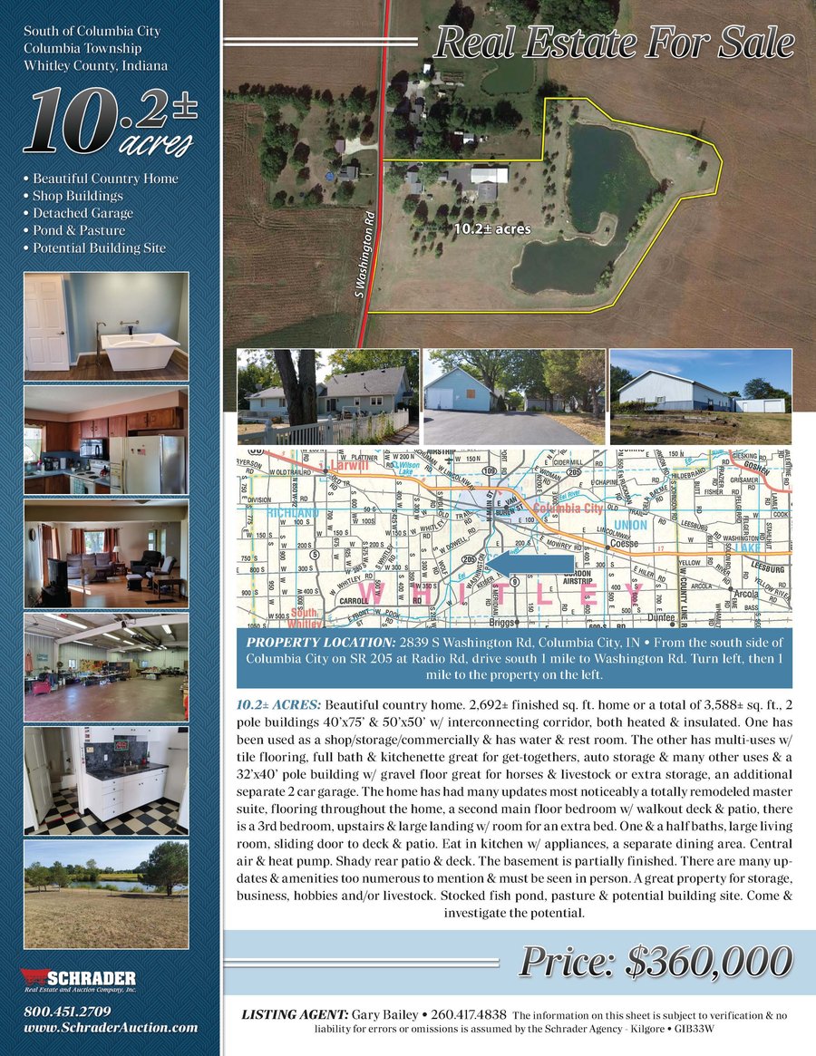 For sale: REAL ESTATE FOR SALE - 10.2+/- ACRES IN WHITLEY COUNTY INDIANA - 2839 S Washington Rd Columbia City IN