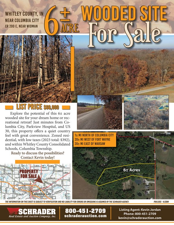 Listing brochure cover - WOODED SITE FOR SALE - 6+/- ACRES, IN WHITLEY COUNTY, IN