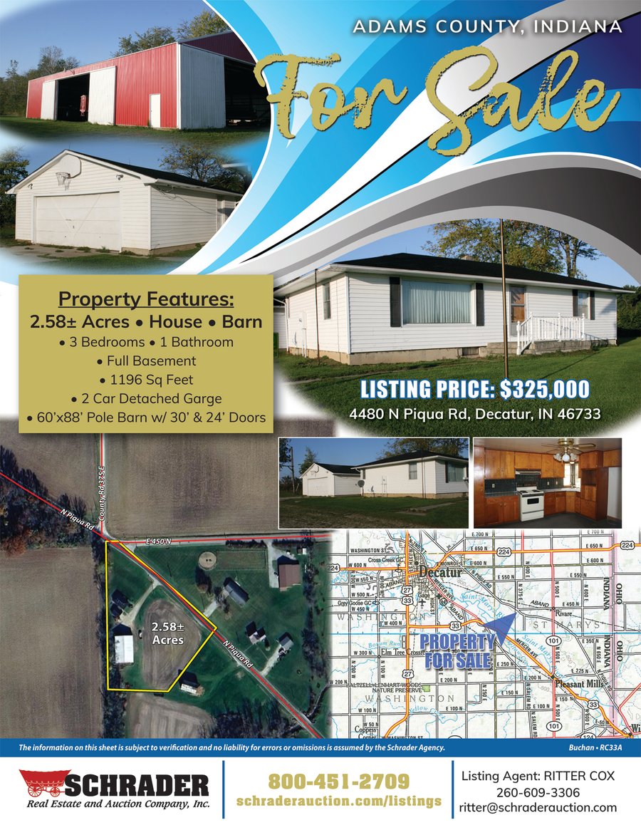 For sale: REAL ESTATE FOR SALE - 2.58+/- ACRES IN ADAMS COUNTY INDIANA - 4480 N Piqua Rd, Decatur, IN  46739