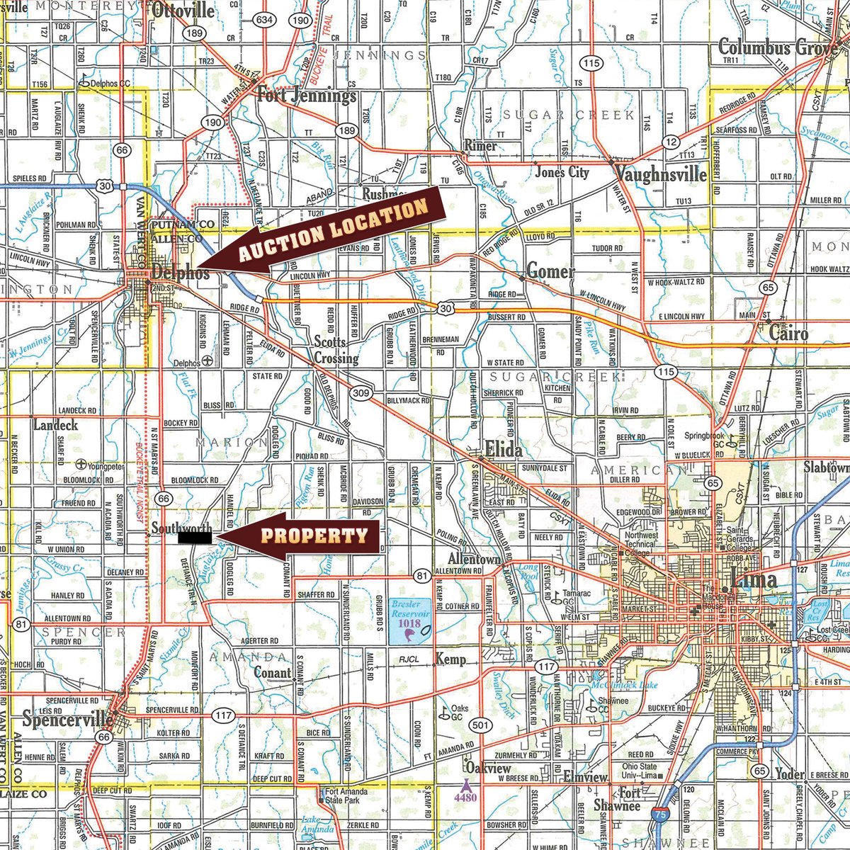 Area map - CANCELLED: 115.75+/- ACRES OF FARMLAND OFFERED IN 4 TRACTS IN SPENCERVILLE OHIO - ALLEN COUNTY OH