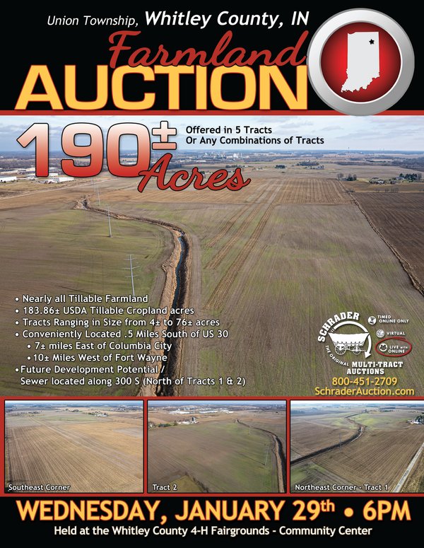 Sold: 190+/- ACRES OFFERED IN 5 TRACT IN WHITLEY COUNTY, INDIANA - County Road 300 S and County Road 600 E - Whitley County, Indiana
