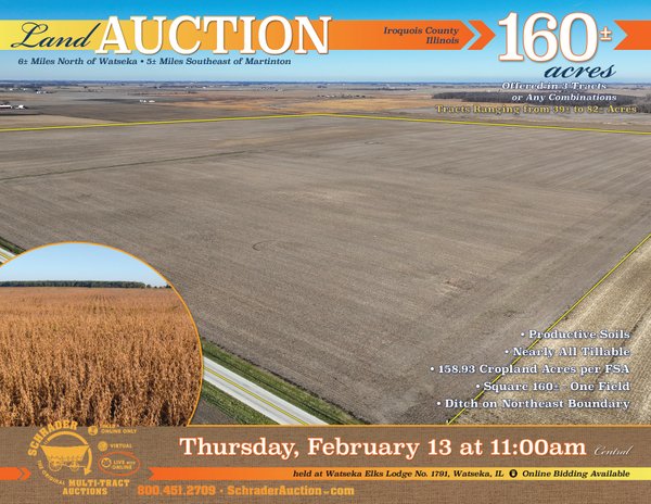 Sold: LAND AUCTION OFFERED IN 3 TRACTS IN IROQUOIS COUNTY ILLINOIS - 2400 N Rd Watseka IL 60970 - Iroquois County Illinois