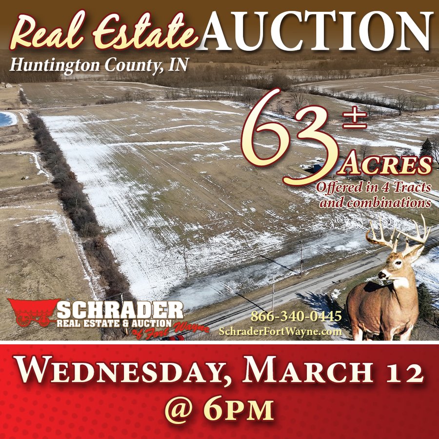63+/- ACRES AUCTION OFFERED IN 4 TRACTS IN HUNTINGTON COUNTY INDIANA