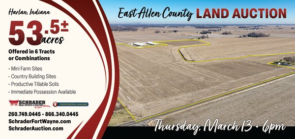 Sold: EAST ALLEN COUNTY LAND AUCTION - 53.5+/- ACRES OFFERED IN 6 TRACTS IN ALLEN COUNTY, IN - Allen County - Harlan, Indiana