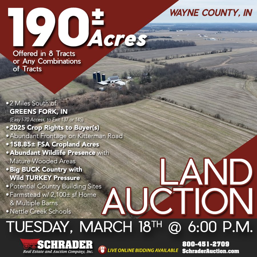 190+/- Acres Offered in 8 Tracts in Wayne County Indiana