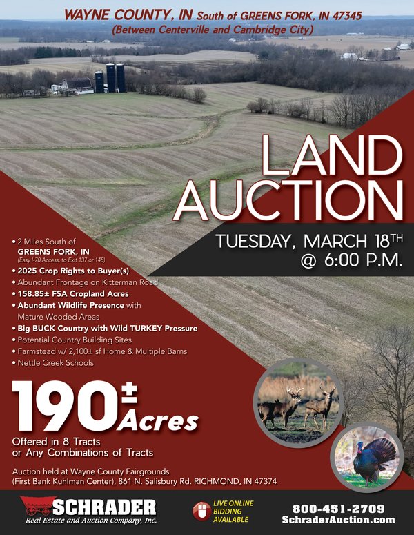 Sold: 190+/- Acres Offered in 8 Tracts in Wayne County Indiana - 1295 Kitterman Rd Greens Fork IN 47345 - Wayne County Indiana