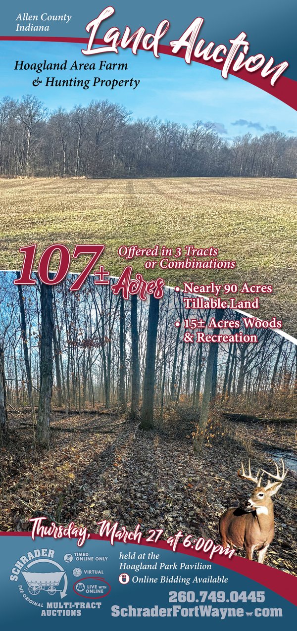 Sold: LAND AUCTION - 107+/- Acres Offered in 3 Tracts in Allen County Indiana - 9800 Block of Hoagland Rd Hoagland IN 46745 - Allen County Indiana
