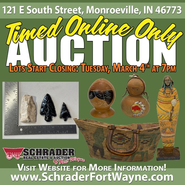TIMED ONLINE ONLY NATIVE AMERICAN ARTIFACTS AND COLLECTIBLES AUCTION IN ALLEN COUNTY INDIANA
