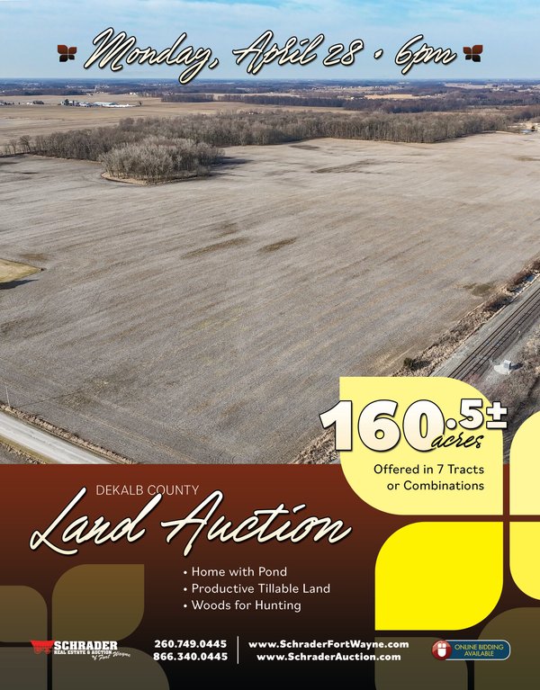 Sold: REAL ESTATE AUCTION - 160.5+/- ACRES OFFERED IN 7 TRACTS OR COMBINATIONS IN DEKALB COUNTY INDIANA - 2975 CR 57 Butler IN 46721 - Dekalb County Indiana
