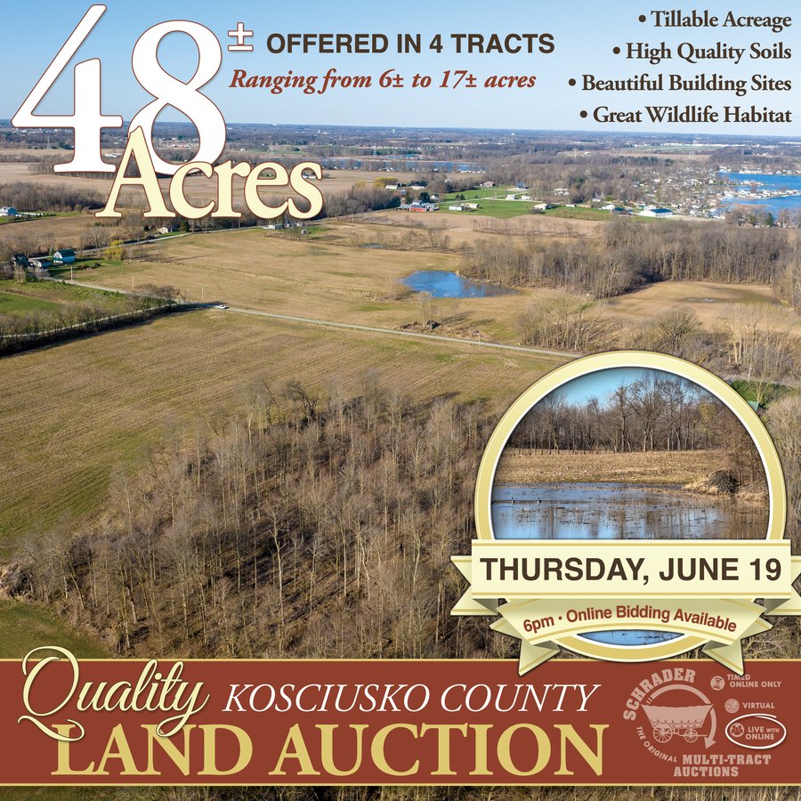 LAND AUCTION - 48+/- ACRES OFFERED IN 4 TRACTS IN KOSCIUSKO COUNTY, INDIANA