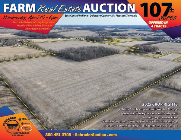 Sold: LAND AUCTION - 107+/- ACRES OFFERED IN 4 TRACTS IN DELAWARE COUNTY INDIANA - CR 650 W Yorktown IN 47936 - Delaware County Indiana