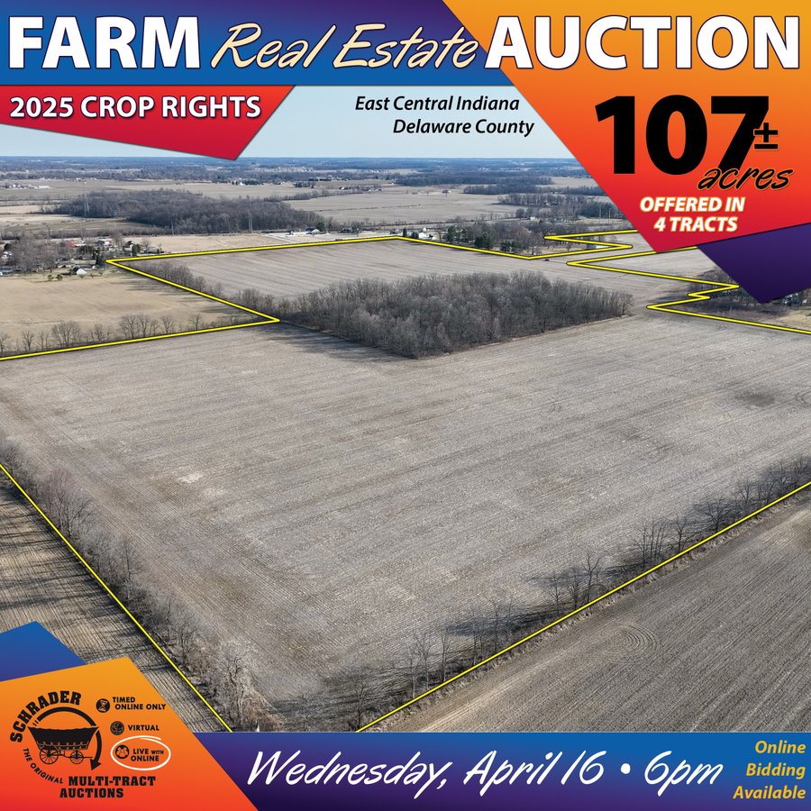 LAND AUCTION - 107+/- ACRES OFFERED IN 4 TRACTS IN DELAWARE COUNTY INDIANA