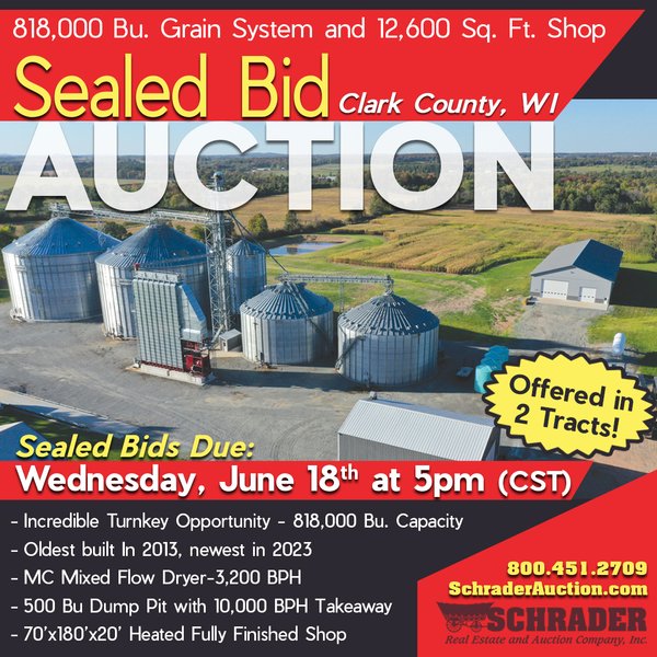 SEALED BID - 818,000 BU. GRAIN SYSTEM AND 12,600 SQ. FT. SHOP OFFERED IN 2 TRACTS IN CLARK COUNTY, WISCONSIN