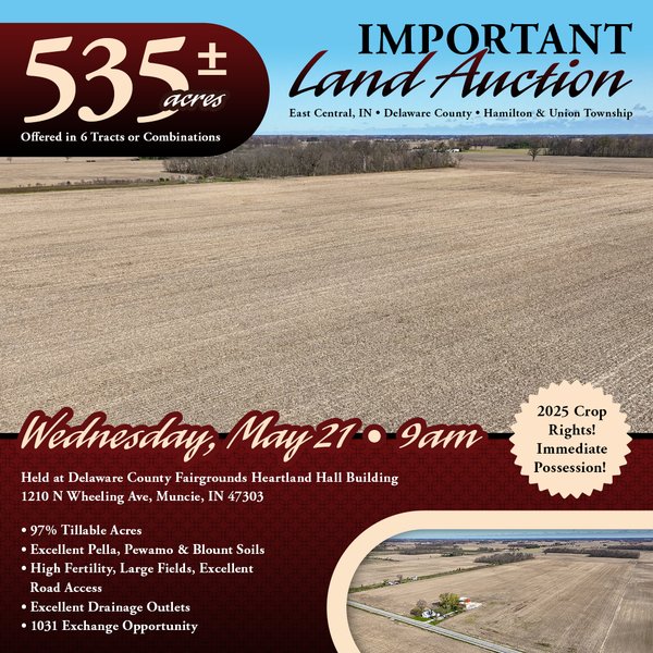 Sold: LAND AUCTION - 535+/-ACRES OFFERED IN 6 TRACTS IN DELAWARE COUNTY, INDIANA - Delaware County, Indiana