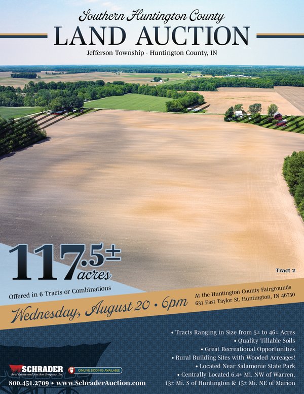 Sold: LAND AUCTION - 117.5+/- ACRES OFFERED IN 6 TRACTS IN HUNTINGTON COUNTY, INDIANA - W 800 S, Huntington, IN 46750 - Huntington County, Indiana