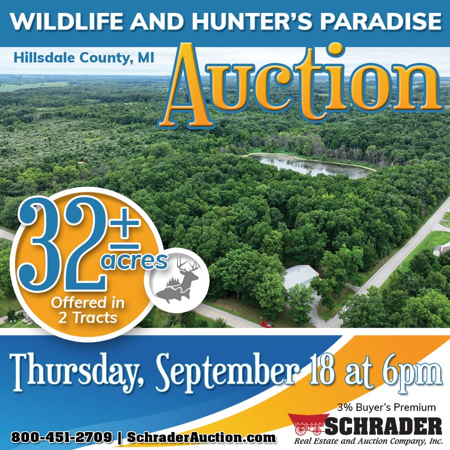 REAL ESTATE AUCTION - WILDLIFE & HUNTER'S PARADISE - 32+/- ACRES OFFERED IN 2 TRACTS IN HILLSDALE COUNTY, MICHIGAN