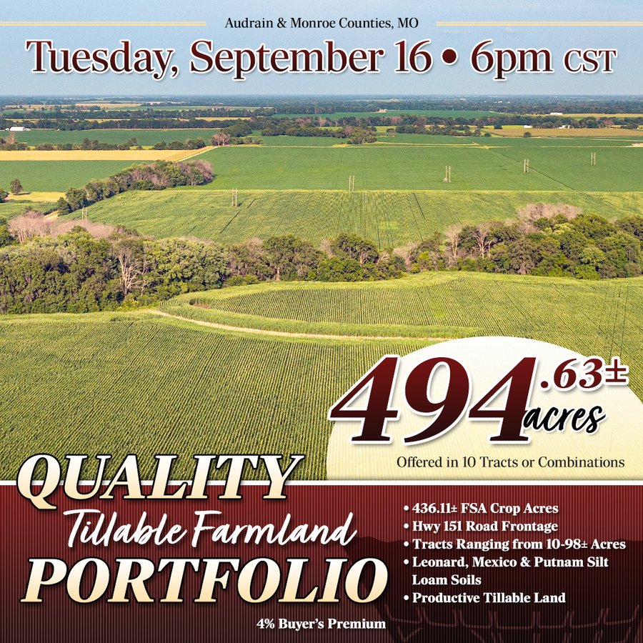 LAND AUCTION - 494.63+/- ACRES OFFERED IN 10 TRACTS IN AUDRAIN & MONROE COUNTIES MISSOURI