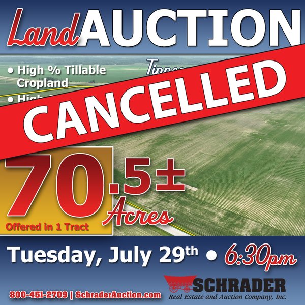 CANCELLED - LAND AUCTION - 70.5+/- ACRES OFFERED IN 1 TRACT IN TIPPECANOE COUNTY, INDIANA
