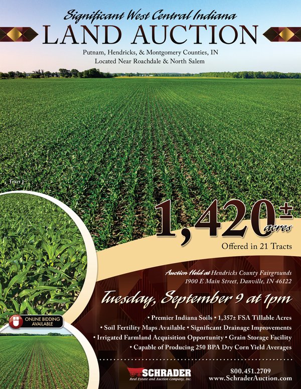 Sold: LAND AUCTION - 1,420 ACRES OFFERED IN 21 TRACTS IN PUTNAM, HENDRICKS & MONTGOMERY COUNTIES, INDIANA - Roachdale and North Salem, IN - Putnam, Hendricks & Montgomery Counties, Indiana