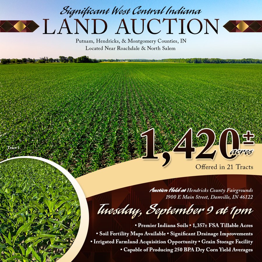LAND AUCTION - 1,420 ACRES OFFERED IN 21 TRACTS IN PUTNAM, HENDRICKS & MONTGOMERY COUNTIES, INDIANA