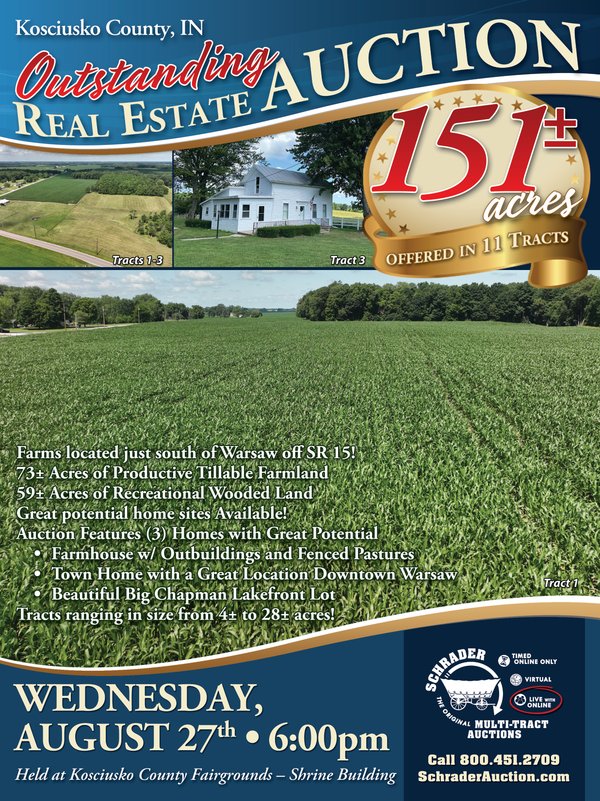 Sold: LAND AND REAL ESTATE AUCTION - 151+/- ACRES OFFERED IN 11 TRACTS IN KOSCIUSKO COUNTY, INDIANA - Kosciusko County, Indiana - Multiple Locations