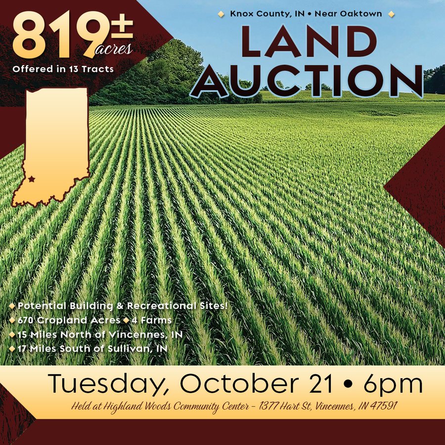 LAND AUCTION - 819+/-ACRES OFFERED IN 13 TRACTS IN KNOX COUNTY INDIANA