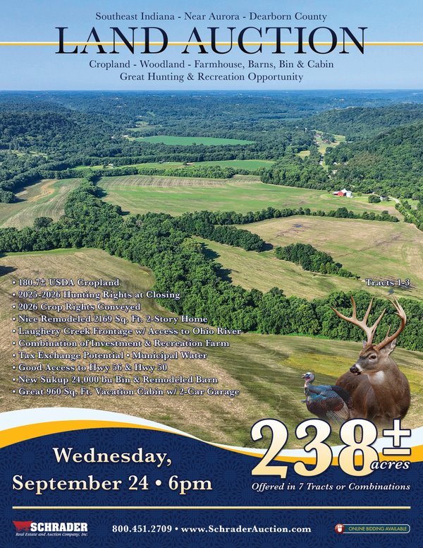 Sold: REAL ESTATE AUCTION - 238+/- ACRES OFFERED IN 7 TRACTS IN DEARBORN COUNTY INDIANA - 6283 E Laughery Creek Rd, Aurora, IN 47001- Dearborn County Indiana