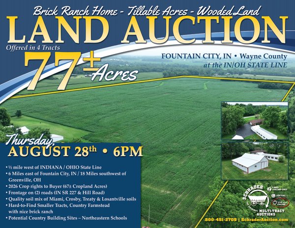 Sold: REAL ESTATE AUCTION - 77+/- ACRES OFFERED IN 4 TRACTS IN WAYNE COUNTY, INDIANA - 9347 N SR 227, Fountain City, IN 47341- Wayne County, Indiana