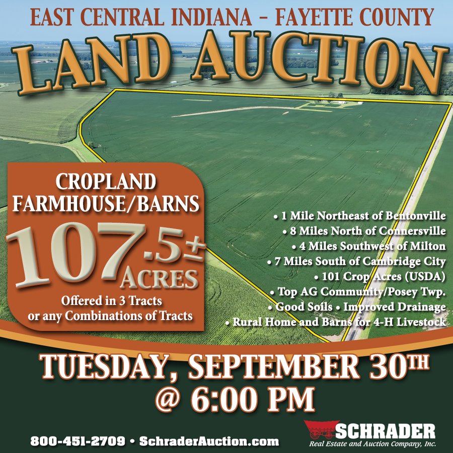 REAL ESTATE AUCTION - 107.5+/- ACRES OFFERED IN 3 TRACTS IN FAYETTE COUNTY, INDIANA