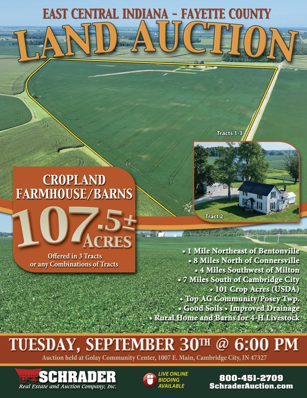 Sold: REAL ESTATE AUCTION - 107.5+/- ACRES OFFERED IN 3 TRACTS IN FAYETTE COUNTY, INDIANA - 7856 N CR 450 W, Milton, IN 47357 - Fayette County, Indiana