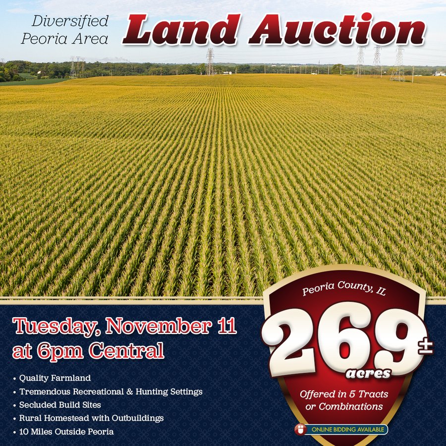 LAND AUCTION - 269+/- ACRES OFFERED IN 5 TRACTS IN PEORIA COUNTY, ILLINOIS