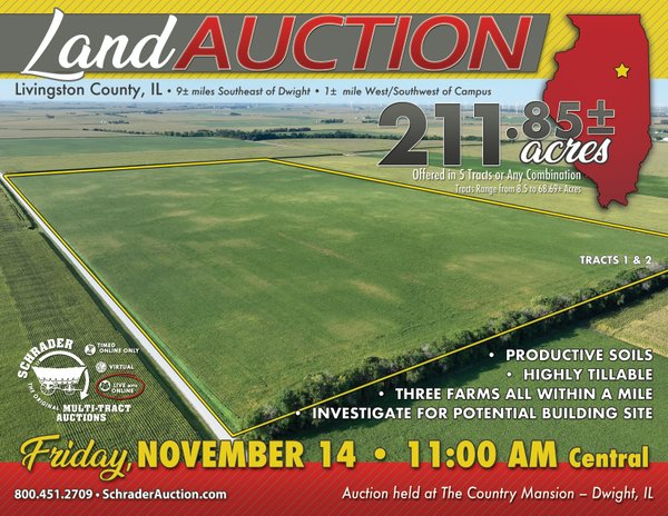 Sold: LAND AUCTION - 211.85+/-ACRES OFFERED IN 5 TRACTS IN LIVINGSTON COUNTY, ILLINOIS - N 3200 E Rd, Dwight, IL 60420 - Livingston County, Illinois