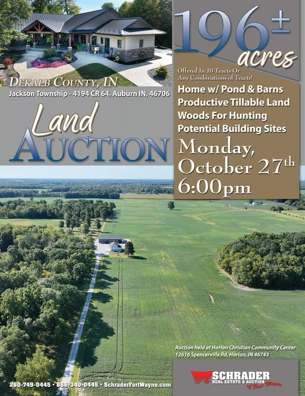 Sold: REAL ESTATE AUCTION - 196+/-ACRES OFFERED IN 10 TRACTS IN DEKALB COUNTY, INDIANA - 4194 CR 64, Auburn, IN 46706 - DeKalb County, Indiana