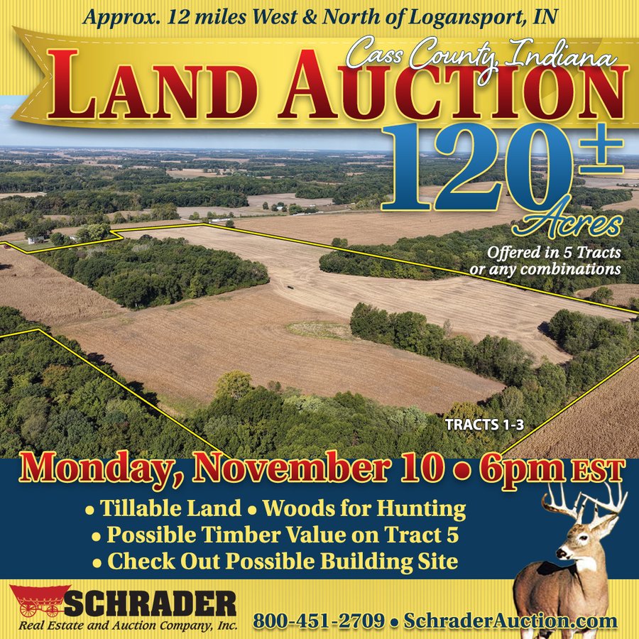 LAND AUCTION - 120+/-ACRES OFFERED IN 5 TRACTS IN CASS COUNTY, INDIANA
