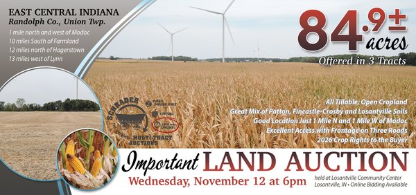 Sold: FARMLAND AUCTION - 84.9+/- ACRES OFFERED IN 3 TRACTS IN RANDOLPH COUNTY, INDIANA - W 700 S Modoc, IN 47358 - Randolph County, Indiana