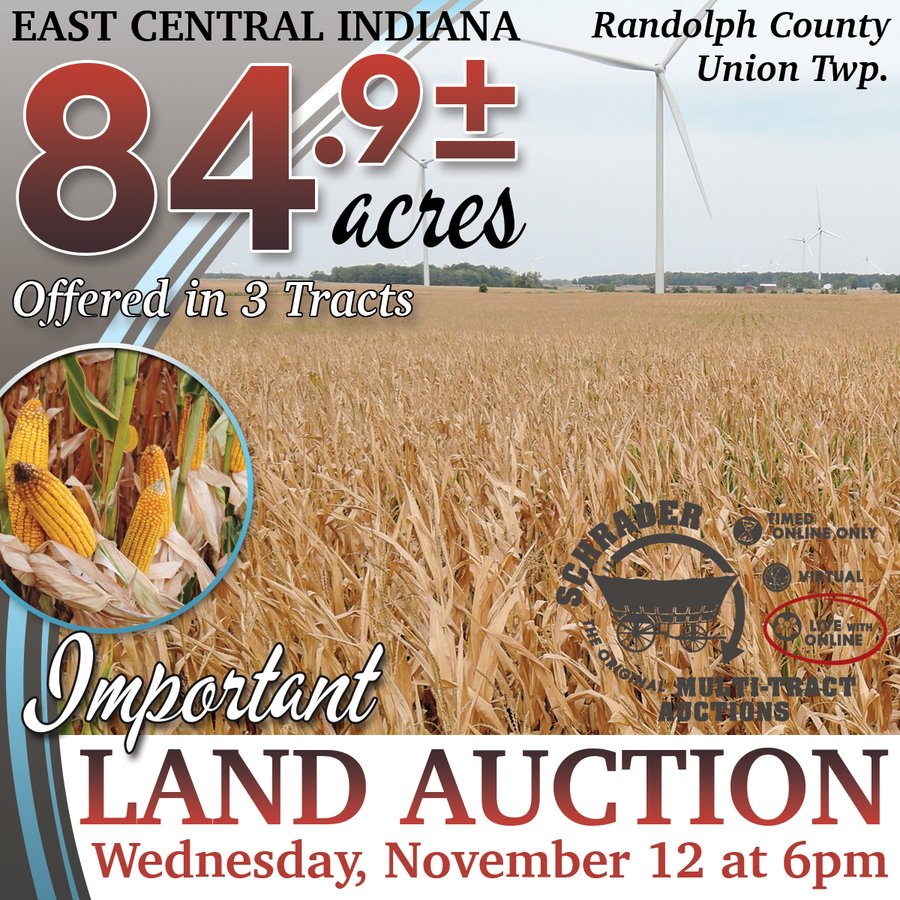FARMLAND AUCTION - 84.9+/- ACRES OFFERED IN 3 TRACTS IN RANDOLPH COUNTY, INDIANA