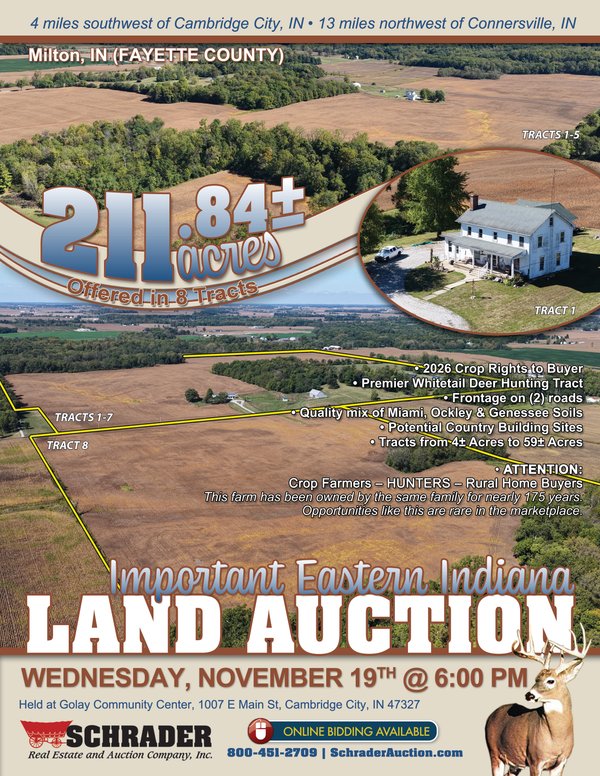 Sold: LAND AUCTION - 211.84+/- ACRES OFFERED IN 8 TRACTS IN FAYETTE COUNTY, INDIANA - 9669 N CR 350 W, Milton, IN 47357 - Fayette County, Indiana