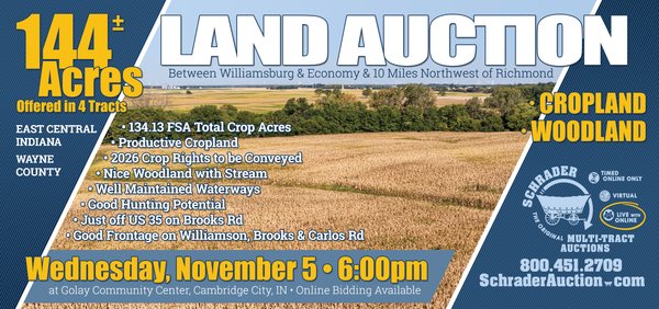 Sold: FARMLAND AUCTION - 144+/- ACRES OFFERED IN 4 TRACTS IN WAYNE COUNTY, INDIANA - Brooks Rd, Williamsburg, IN 47393 - Wayne County, Indiana