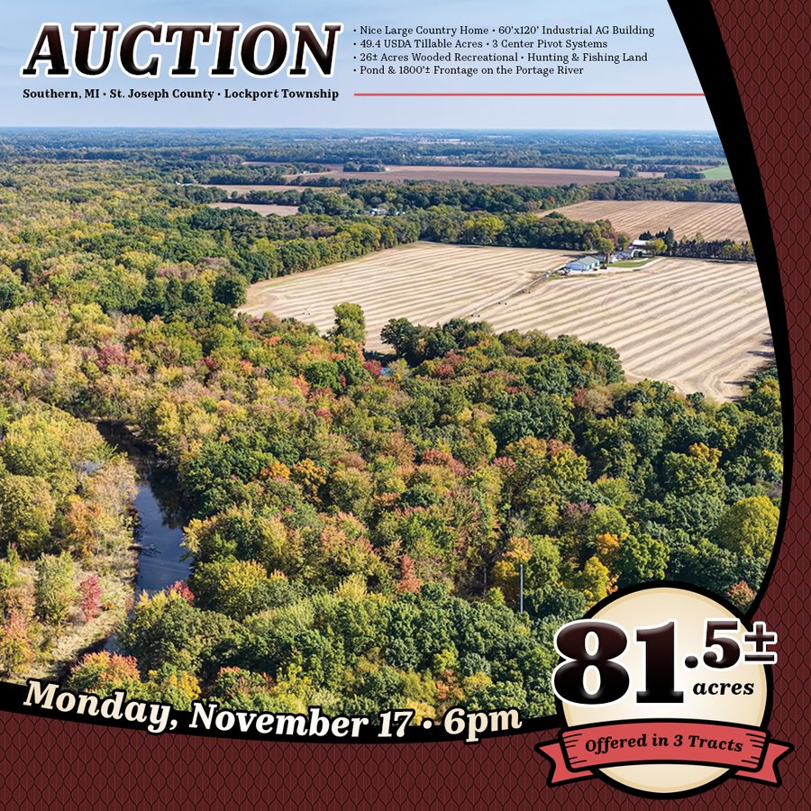 LAND AUCTION - 81.5+/-ACRES OFFERED IN 3 TRACTS IN ST JOSEPH COUNTY, MICHIGAN