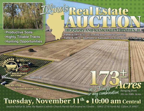 Sold: LAND AUCTION - 173+/- ACRES OFFERED IN 3 TRACTS IN IROQUOIS AND KANKAKEE COUNTIES, ILLINOIS - Iroquois and Kankakee Counties, Illinois